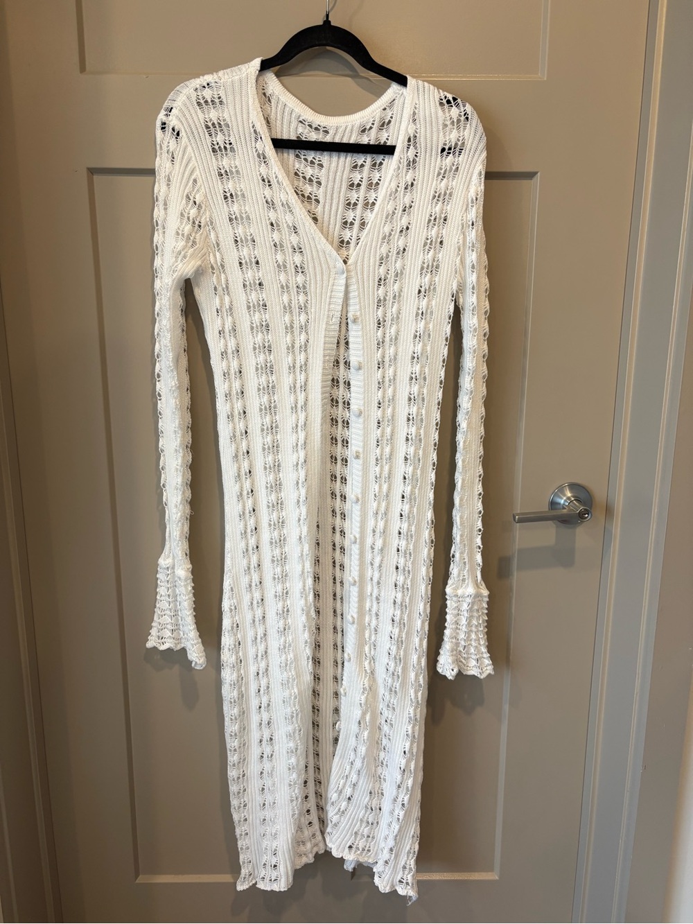 Women's White Crochet Long Cardigan Dress
